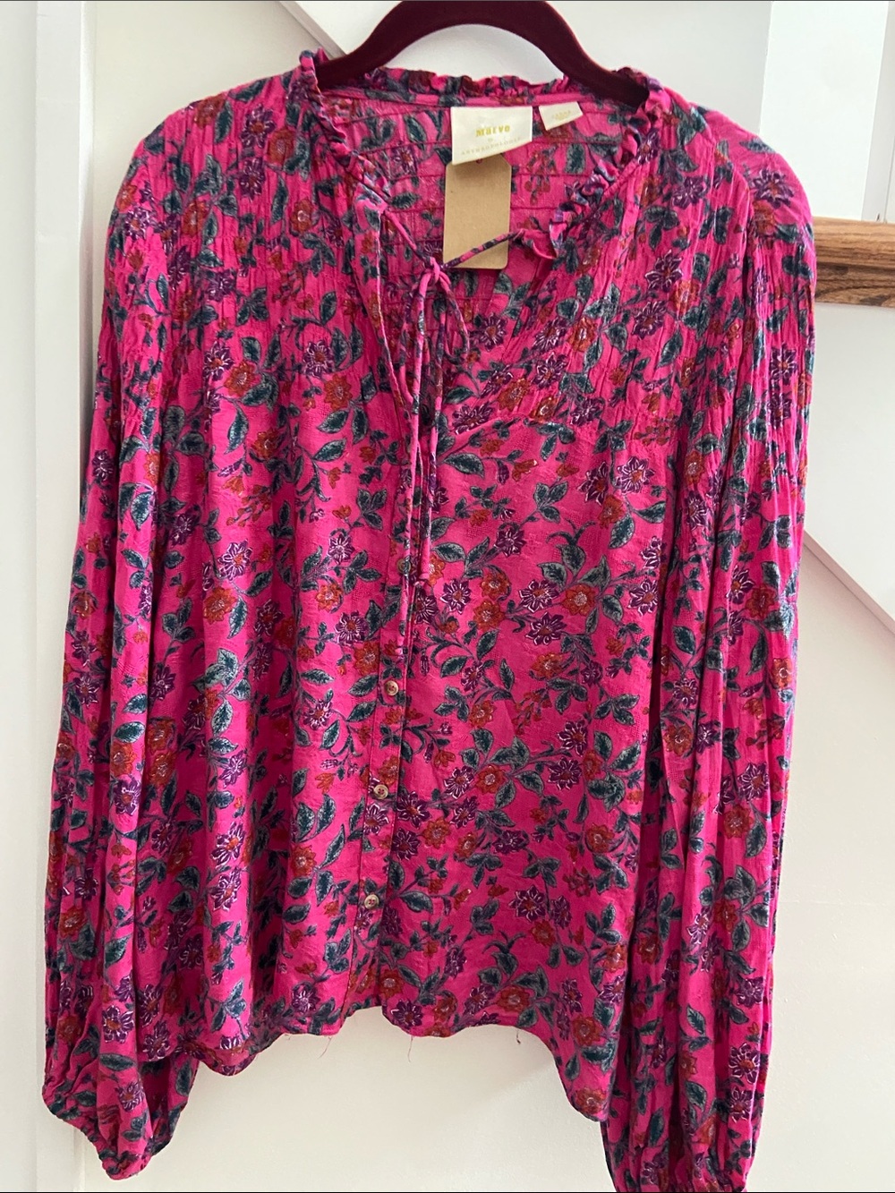 Maeve Hot Pink Floral Tie-Neck Blouse… Anthropology